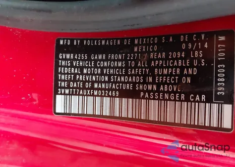 2015 Volkswagen Golf Gti 2.0T S 2-Door z USA, uszkodzony, nr VIN 3VWTT7AUXFM032469